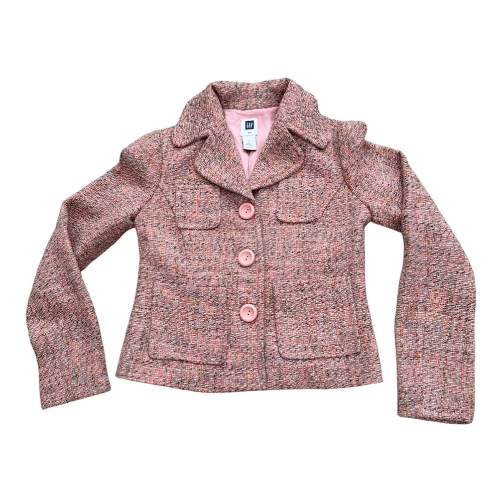 Gap Vintage 2005 Pink Tweed Wool Blend Blazer Jacket Womens Size 1 Fall 05 Retro